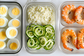 Top-down shot of cauliflower rice, grilled shrimp, zucchini noodles, and boiled eggs in meal prep containers on a pastel background.
