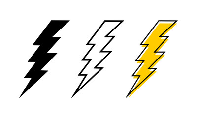 Set of bolt icons and silhouettes. Thunderbolt signs isolated on white background. Flashlight, energy, electricity or power symbols. Danger or warning pictograms. Vector graphic illustration.
