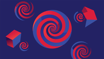 Abstract composition of spiraling geometric shapes with gradient blue and red colors
