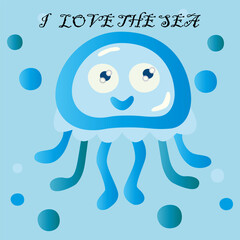 Cute jellyfish illustration. Happy sea creature. I love the sea. Vector ocean mascot.