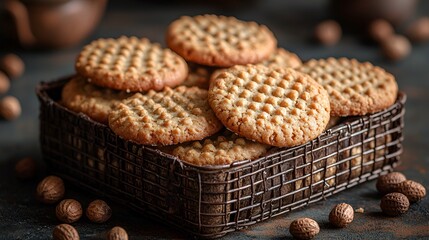 Delicious peanut butter cookies in a wire basket.