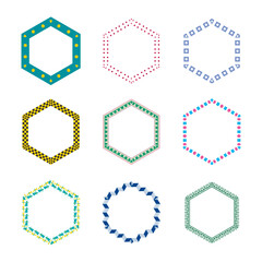 Dotted hexagon frame. Pattern vector shape. Geometric border symbol. Colorful checkered ring.