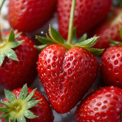 Fresh strawberries arranged with water droplets on a white background  