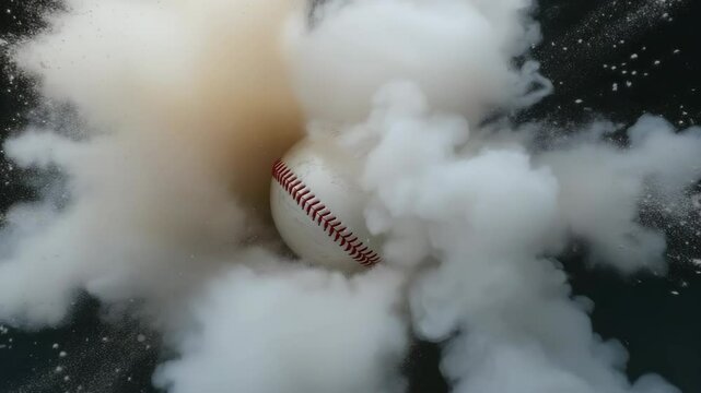 A baseball is in the air with smoke coming out of it. The smoke is white and it is coming out of the ball