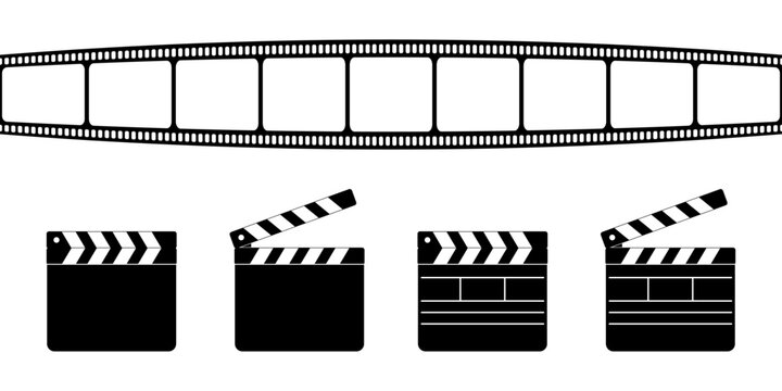 Clapper boards and film strip isolated on white background. Closed and open movie clapboard silhouettes. Cinema or television program production objects. Vector graphic illustration.