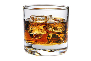 Clear glass with cubes in amber liquid on dark background