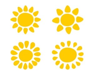 Cute childish sun silhouettes. Set of sunburst, sunrise or sunset signs. Summer theme symbols. Happy positive vibes concept. Vector flat illustration.
