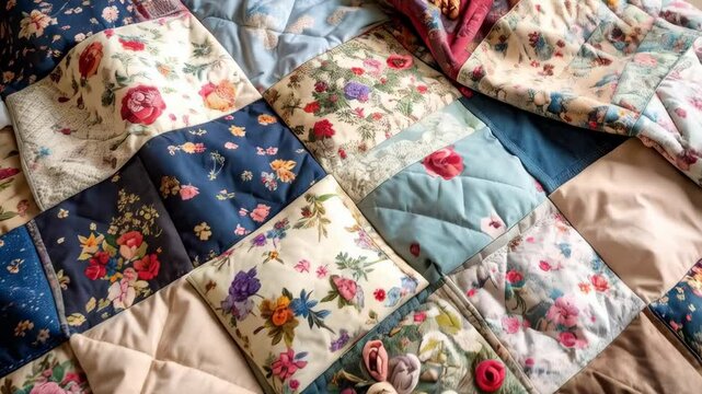 Close up of a colorful patchwork quilt with floral patterns and textures, crafted with various fabrics and intricate sewing details
