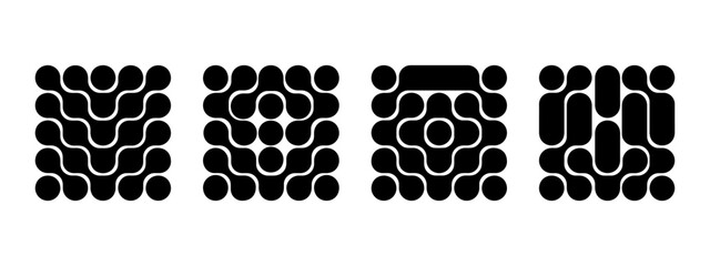 Set of metaball patterns. Black connected liquid drops or morph dot shapes isolated on white background. Organic blobs or molecules textures. Modern abstract print. Vector graphic illustration.