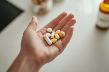 Obraz premium A person's hand gently cupping a diverse assortment of white and yellow pills and capsules, suggesting concepts of medication, health, or wellness.