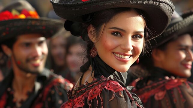 Festive Spanish event: cultural tradition, joyous occasion, lively entertainment, folkloric costume, rhythmic dance, musical expression, cheerful mood, dynamic revelry, authentic enjoyment