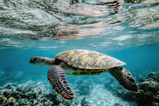 Sea turtle swimming underwater above coral reef