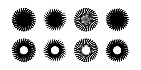 Gear disk silhouettes. Sun symbols. Round swirl icons. Fan, propeller, spinner or pinwheel toy, ventilator signs isolated on white background. Vector graphic illustration.