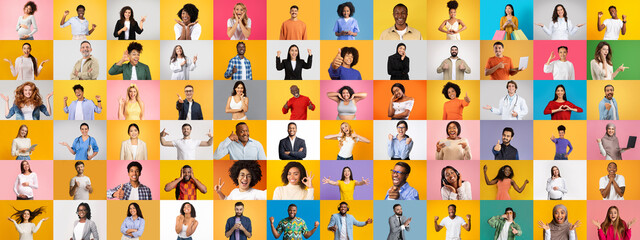 A vibrant collection of portraits highlights diverse individuals across various backgrounds. Each person displays unique expressions and gestures, emphasizing inclusivity and community.