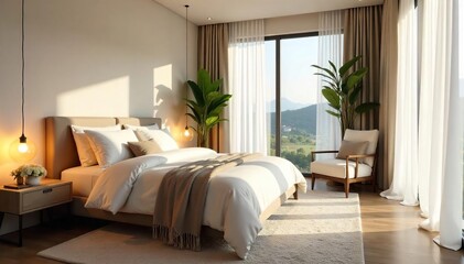 Fototapeta premium A serene and calming bedroom, designed for relaxation and comfort Soft lighting, plush bedding, and subtle d?cor create a peaceful atmosphere Ideal for a restful retreat , rest, parental