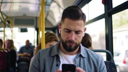 young man listen music in her phone on a bus - Powered by Adobe