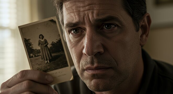 A Man's Melancholy Gaze at a Vintage Photograph