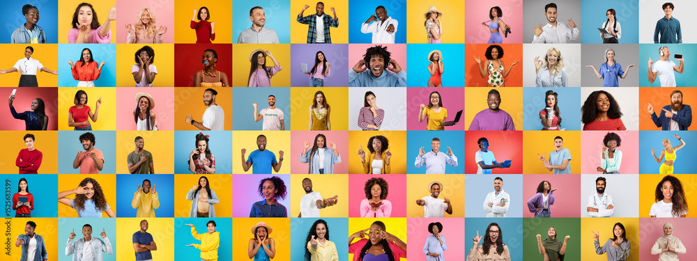 Poster A lively collage features a diverse set of individuals engaging with the camera through various expressions and gestures. The vibrant backgrounds enhance the sense of unity and diversity.
