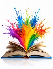 Rainbow Paint Splashing from Open Book on White Background