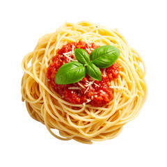Delicious spaghetti pasta with tomato sauce, basil leaves, and grated parmesan cheese