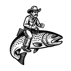 Funny Cowboy Riding Fish Vector Illustration