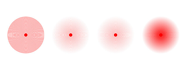 Set of red concentric circles. Pain localization icons. Sore, ache or inflammation symbols. Pulse or vibration signs. Radar or sound wave pictograms isolated on white background. Vector illustration.