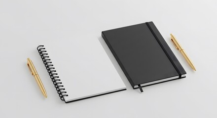 Black Notebook Mockup with Golden Pens on White Background - Flat Lay Composition for Business Branding & Design