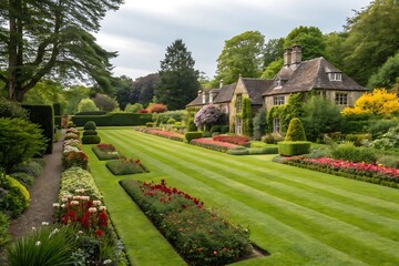 English garden with mowed lawn, blooming flowerbeds, leafy trees, and formal landscaping. Peaceful green parkland scene around house during summer in Britain. Vibrant and scenic.