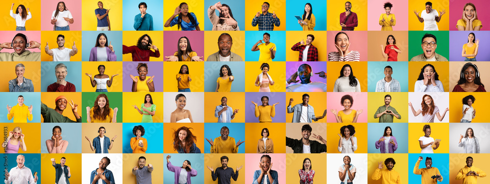 Poster a lively collection of diverse individuals showcasing a range of expressions and emotions against br