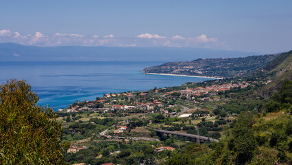 Naklejka premium Panoramic view of Tropea town and its coastline bathed by Tyrrhenian Sea in Calabria, Southern Italy