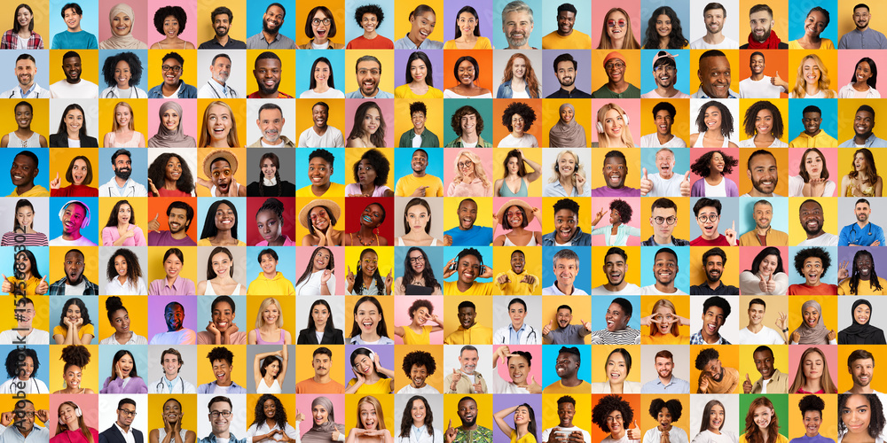 Poster This vibrant collage features diverse individuals from various backgrounds, all smiling and displaying unique styles. Each person adds to the rich tapestry of expression and lifestyle.