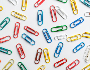 Scattered colorful paper clips in red, blue, yellow, green and white on white.