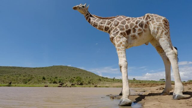 Low wide angle of Reticulated giraffe (Giraffa c. reticulata) standing near a muddy watering hole under hot midday sun in kenya 