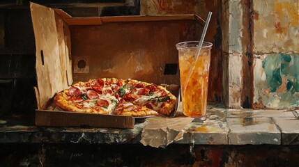 A pizza and drink are on a textured surface outdoors