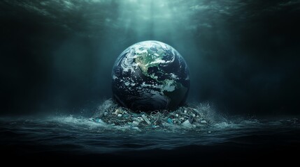 An artistic depiction of Earth submerged in water, symbolizing environmental challenges and climate change.