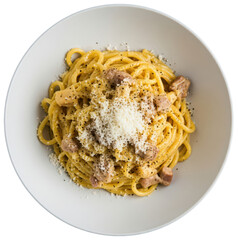 spaghetti carbonara pasta in a white dish on transparent background, traditional italian recipe of food