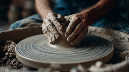 Fototapeta premium Hands shaping clay on pottery wheel. Artisan craft concept