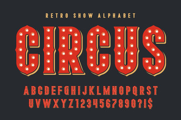 Retro circus alphabet design, cabaret, fairy LED lamps letters and numbers.
