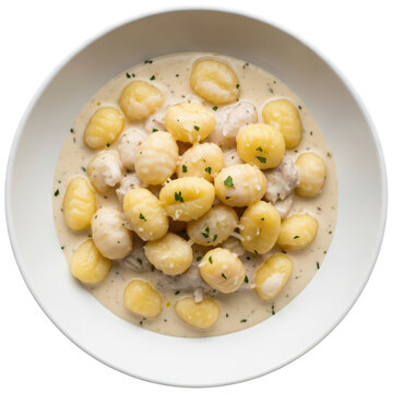 gnocchi alla bava pasta in a white dish on transparent background, traditional italian recipe of food