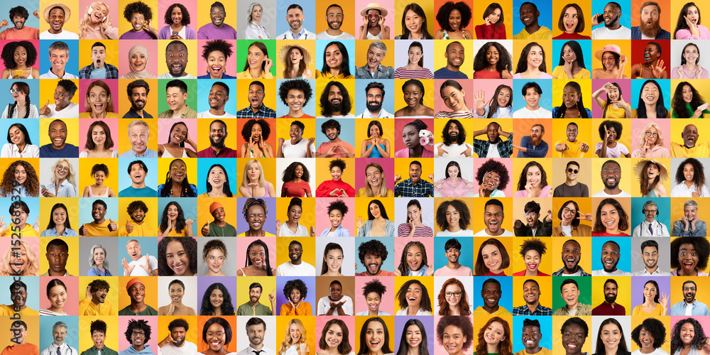 Poster a vibrant collage featuring diverse individuals representing multiethnic backgrounds. each person di