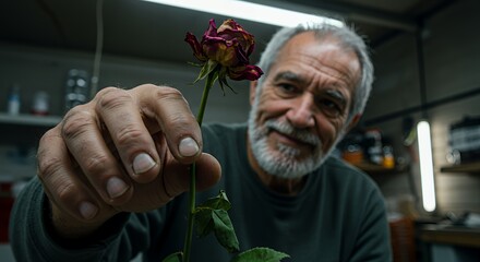 A senior man gently holding a wilted rose in his workshop, a poignant image of time, memory, and fading beauty.