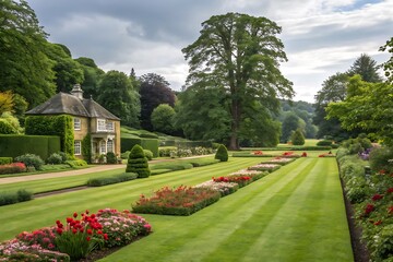 English garden with mowed lawn, blooming flowerbeds, leafy trees, and formal landscaping. Peaceful green parkland scene around house during summer in Britain. Vibrant and scenic.