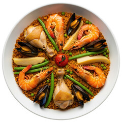 paella in a white dish on transparent background, traditional recipe of food