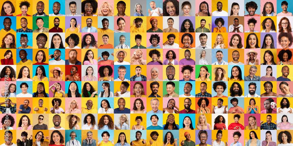 Aufkleber A vibrant collage features a variety of diverse individuals smiling and expressing joy. This collection showcases different backgrounds, emphasizing unity and diversity in modern lifestyles.