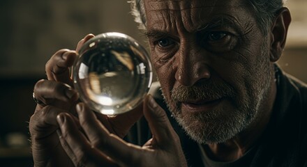 A  mysterious old man gazing intently into a crystal ball, a scene of intrigue and suspense. His weathered face speaks volumes about years of experience and wisdom.