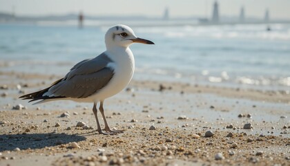 Fototapeta premium Majestic Seagull on Sandy Beach Ocean Background Coastal Bird