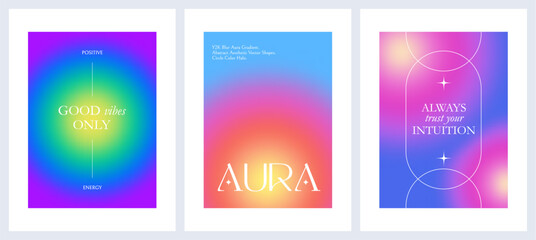 Aura Color Gradient Background. Abstract Y2K Aesthetic Posters. Vector Blur Circle Gradients. Trendy Modern Aura Graphics in Pastel Colors