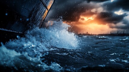 A dramatic seascape featuring crashing waves against a ship's bow under a stormy sky with a vibrant sunset.