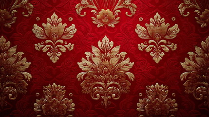 Ornate golden floral pattern on rich red background  