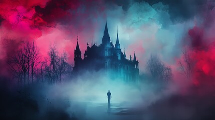 Mysterious castle shrouded in eerie mist, a lone figure approaches. Gothic horror, fantasy art.